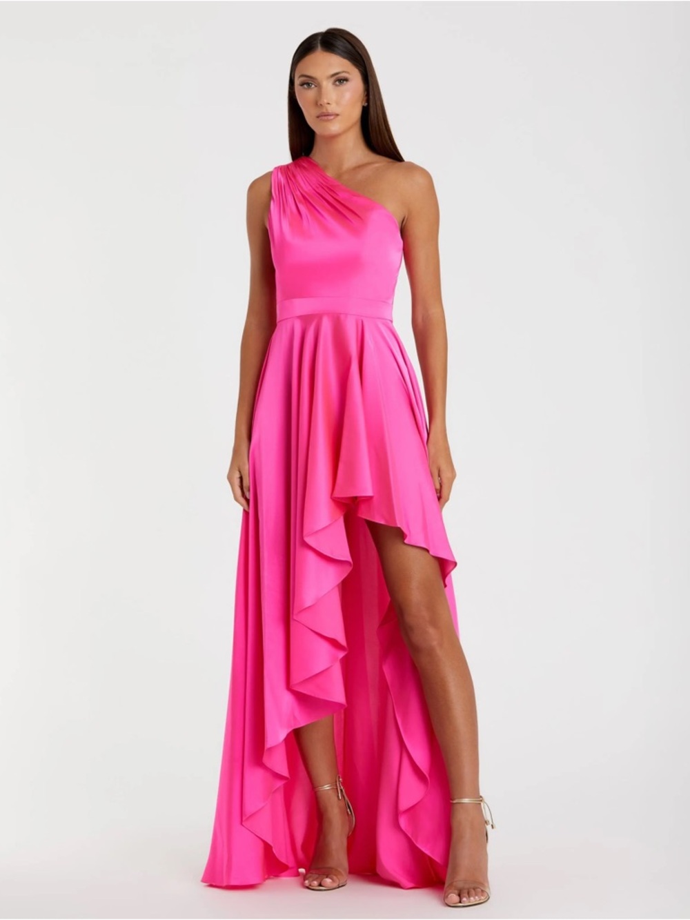 Mac Duggal Hot Pink One-Shoulder Ruffle High-Low Gown